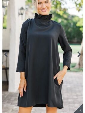Ruffled Mock Neck Long Sleeve Black Dress